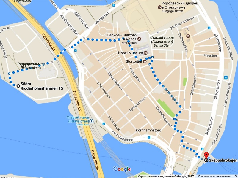 Стокгольм. Наш путь на карте от стоянки до пристани Slussen