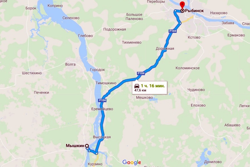 Карта дороги Мышкин – Рыбинск